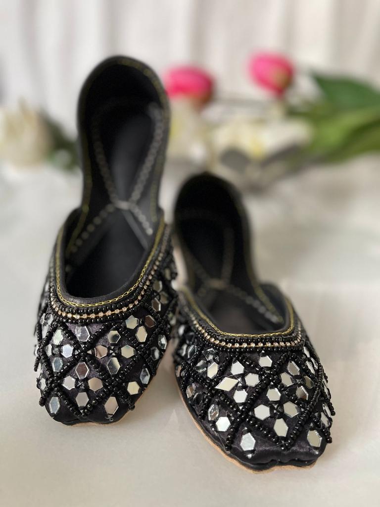 Eye-Catching Mirror Work Pure Leather Khussas in Black