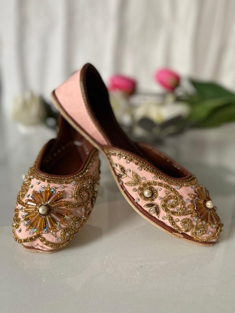 Lovely Beads Work Peachy Pink Khussas Perfect for Festivals in Pure Leather
