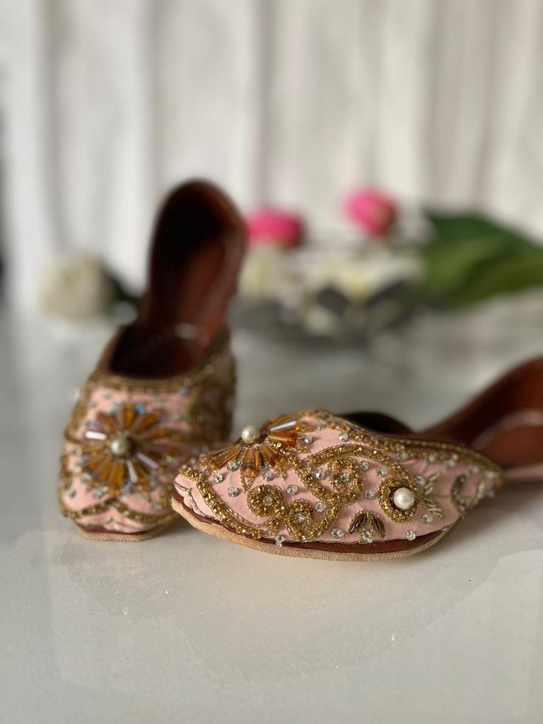 Lovely Beads Work Peachy Pink Khussas Perfect for Festivals in Pure Leather