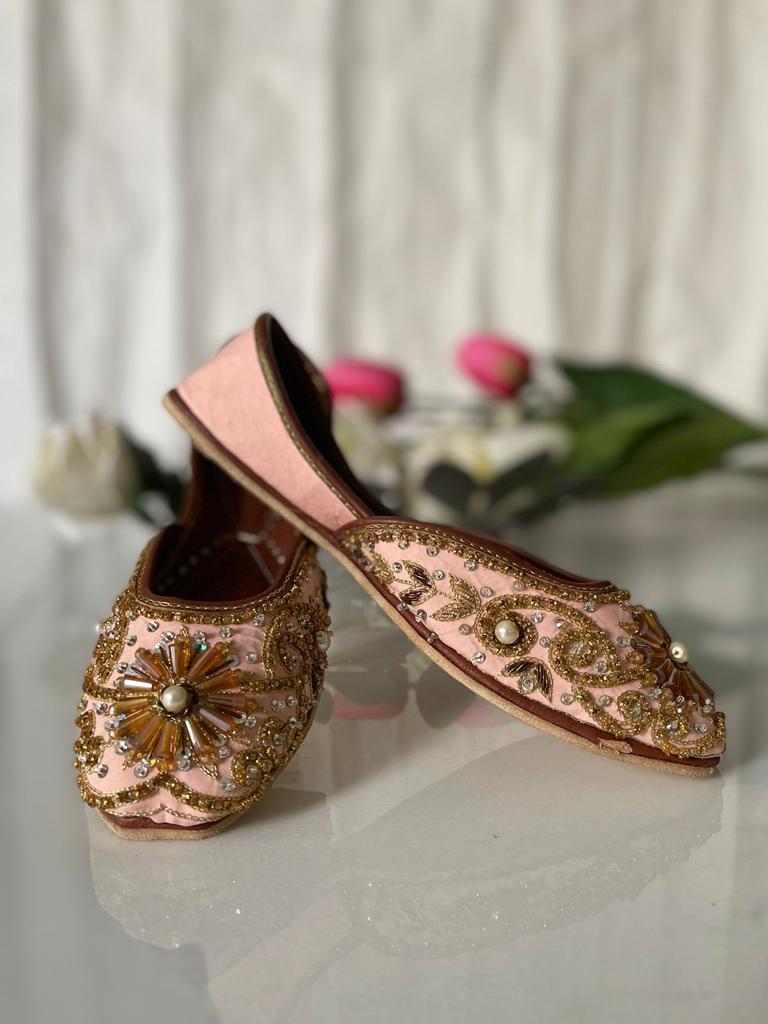 Lovely Beads Work Peachy Pink Khussas Perfect for Festivals in Pure Leather