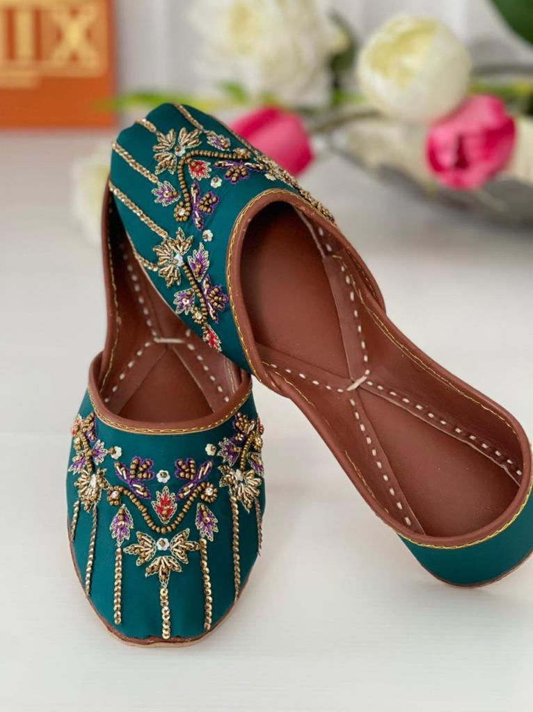 Simply Amazing Peacock Colored Khussas in Pure Leather
