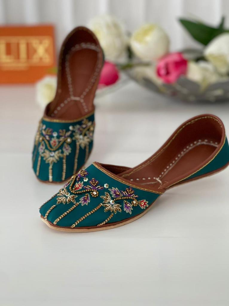 Simply Amazing Peacock Colored Khussas in Pure Leather