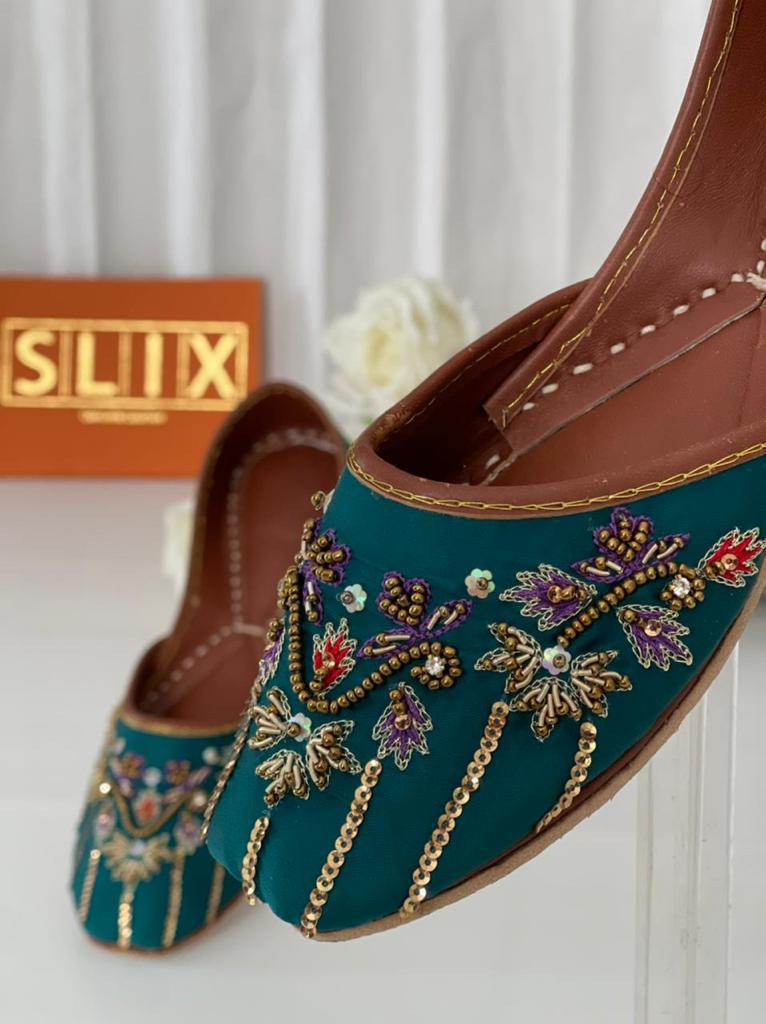 Simply Amazing Peacock Colored Khussas in Pure Leather